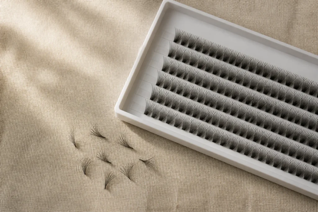 Overhead flat-lay of a cashmere lash tray with loose matte fans on warm linen