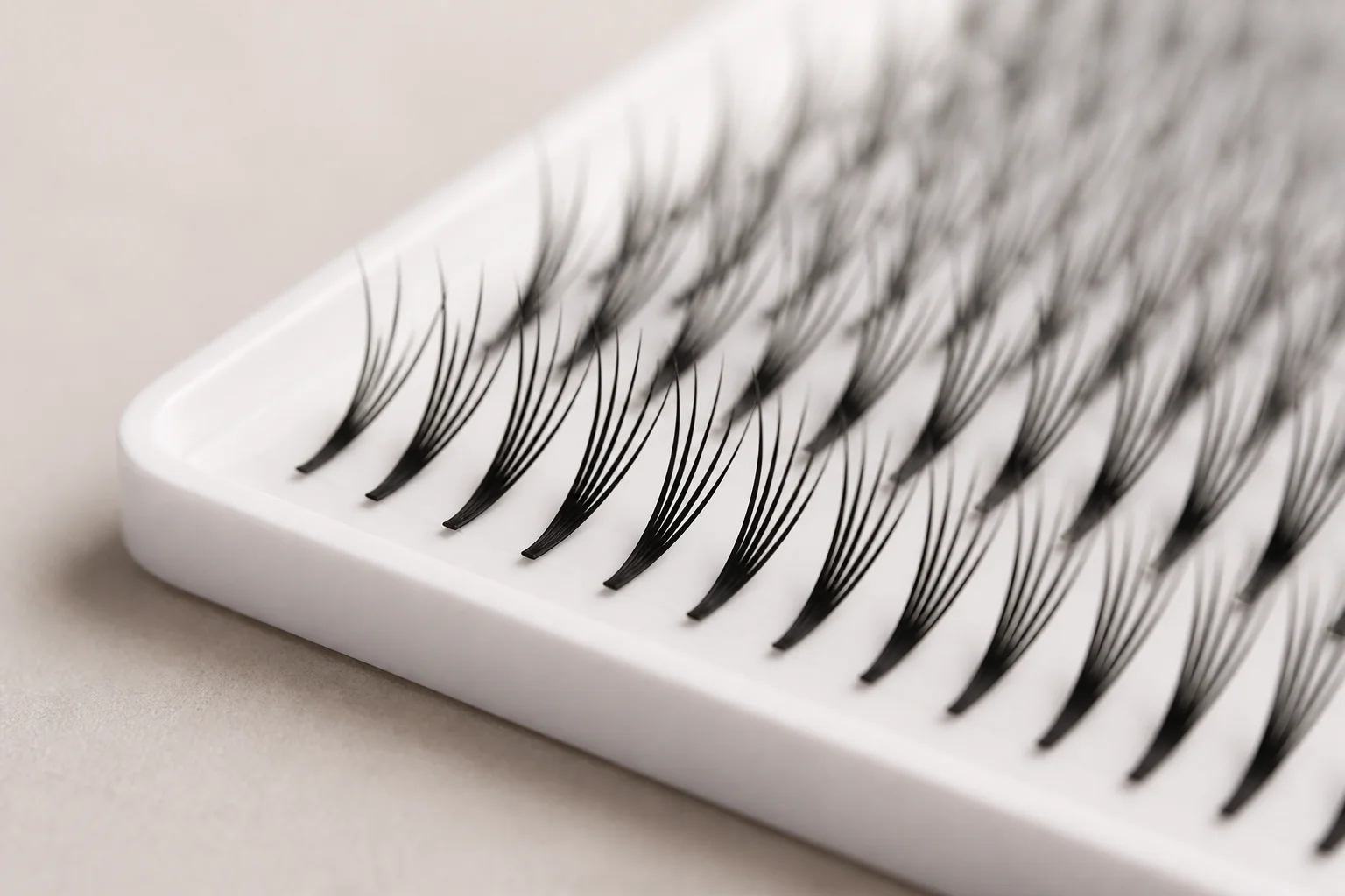 Matte cashmere lash extension fans on a white tray with fine tapered tips