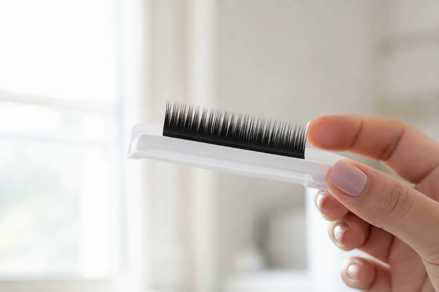 Lash artist holding a tray row up against window light to inspect the matte finish