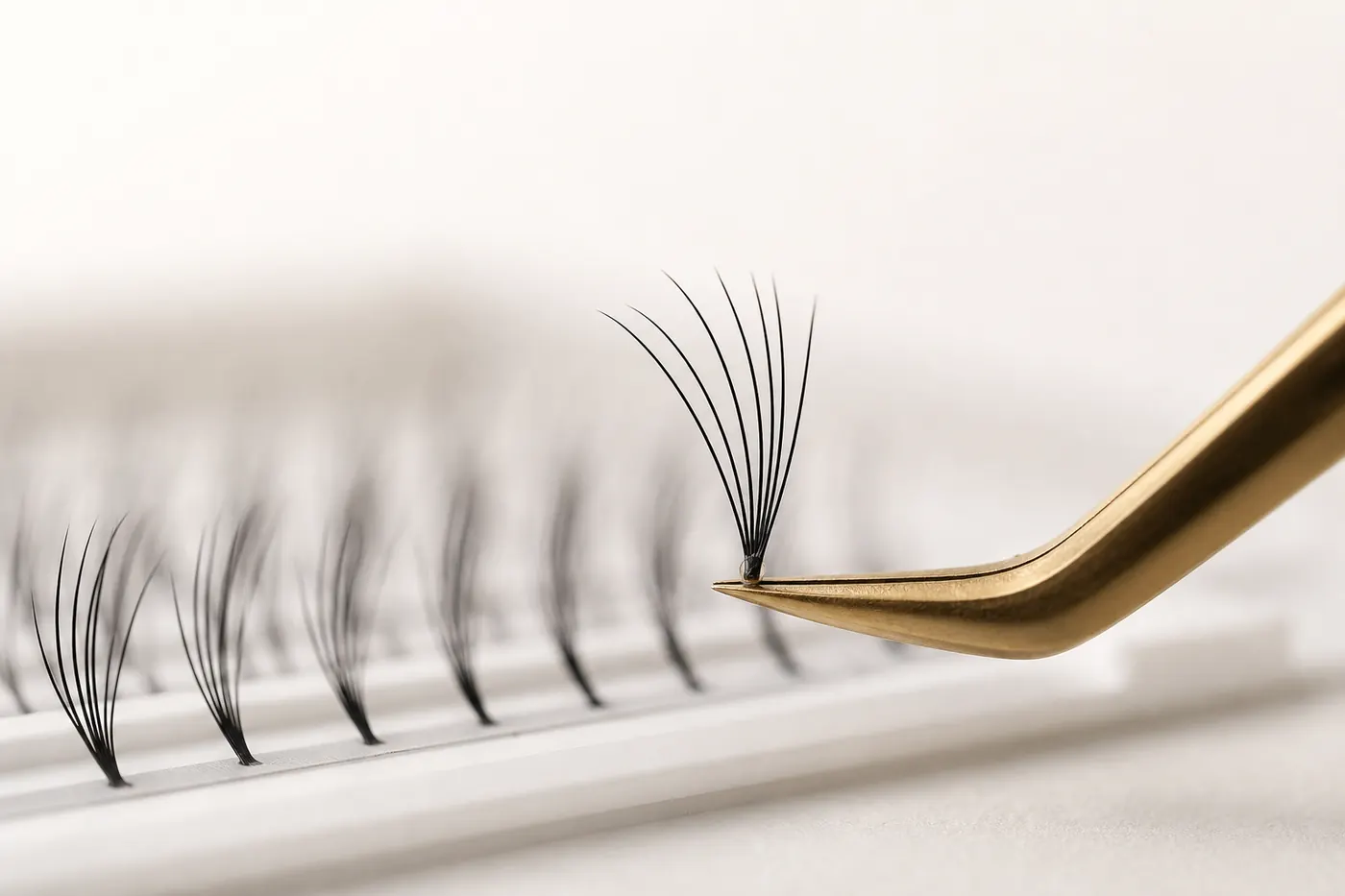 Gold tweezers lifting one lash cluster fan off a white tray strip
