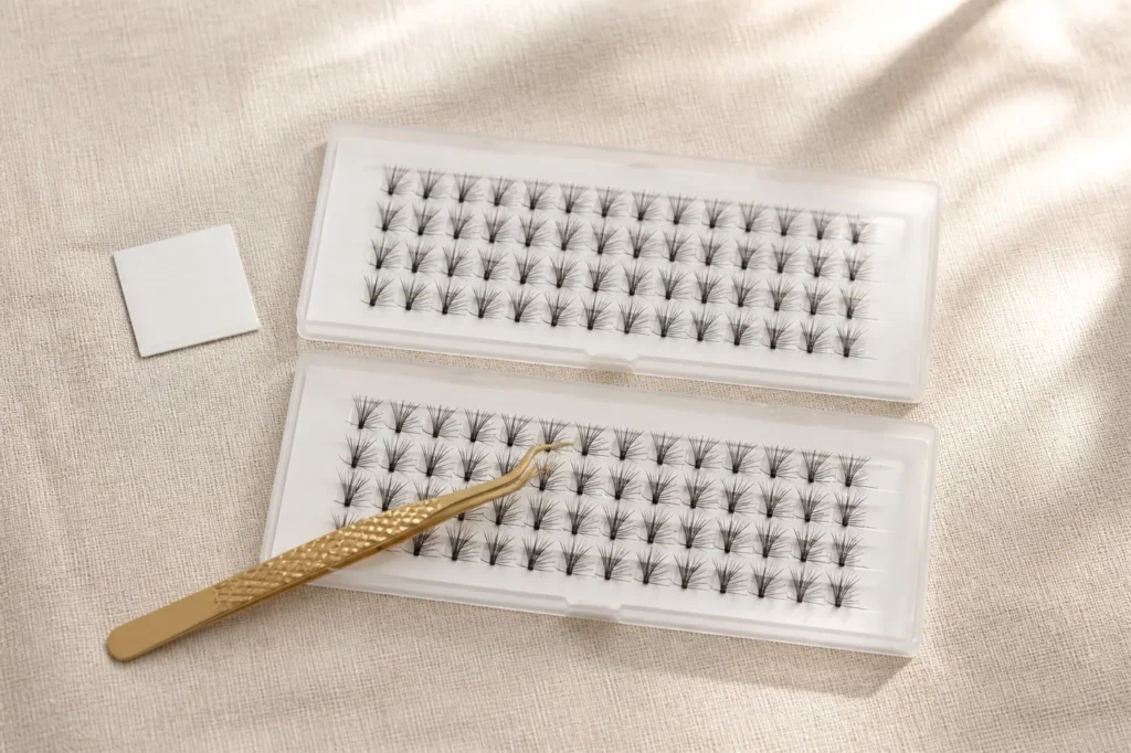 Lash cluster trays with gold tweezers and an adhesive strip on oatmeal linen