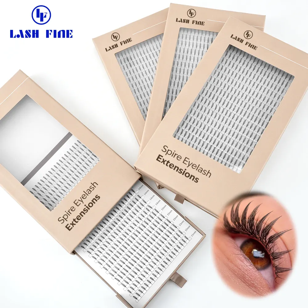 Spire tip lash clusters in a nude window pull-out box with length labels