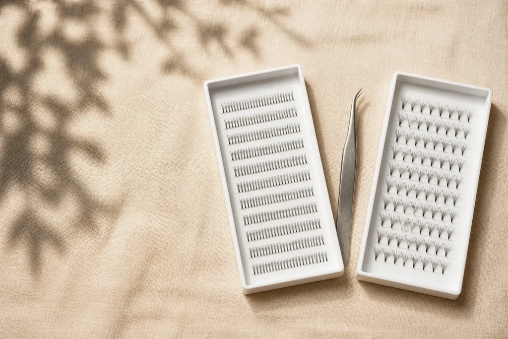 Overhead flat-lay of a classic tray and a premade fan tray with tweezers between them on linen