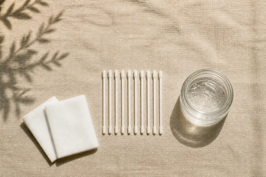 Overhead flat-lay of a blank remover gel jar, micro swabs and lint-free pads on linen