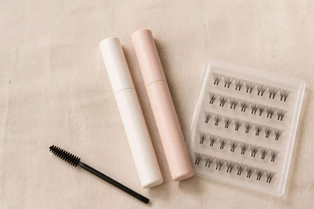 Bond and seal pens with a lash cluster tray and spoolie on oatmeal linen