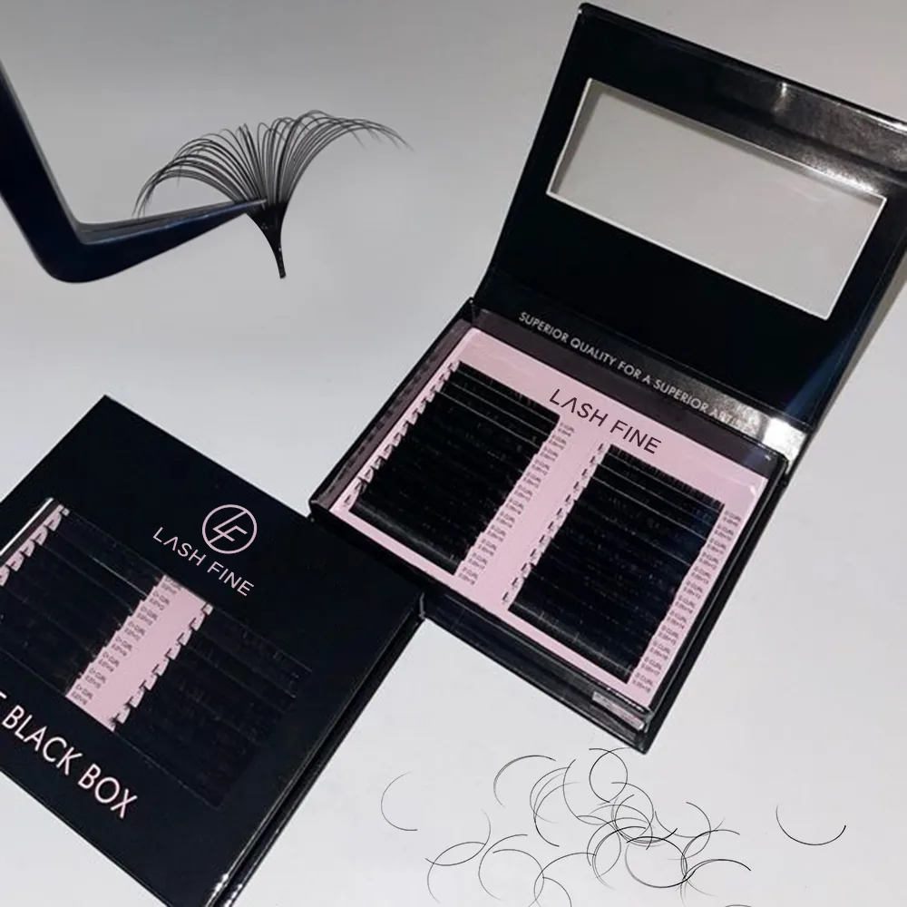 Pre-ranked dense lash extension rows in a black Lash Fine tray