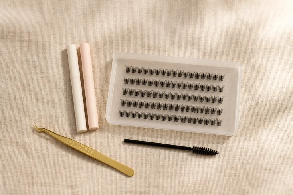 Unbranded at-home lash kit with cluster tray, pens, tweezers and spoolie on linen