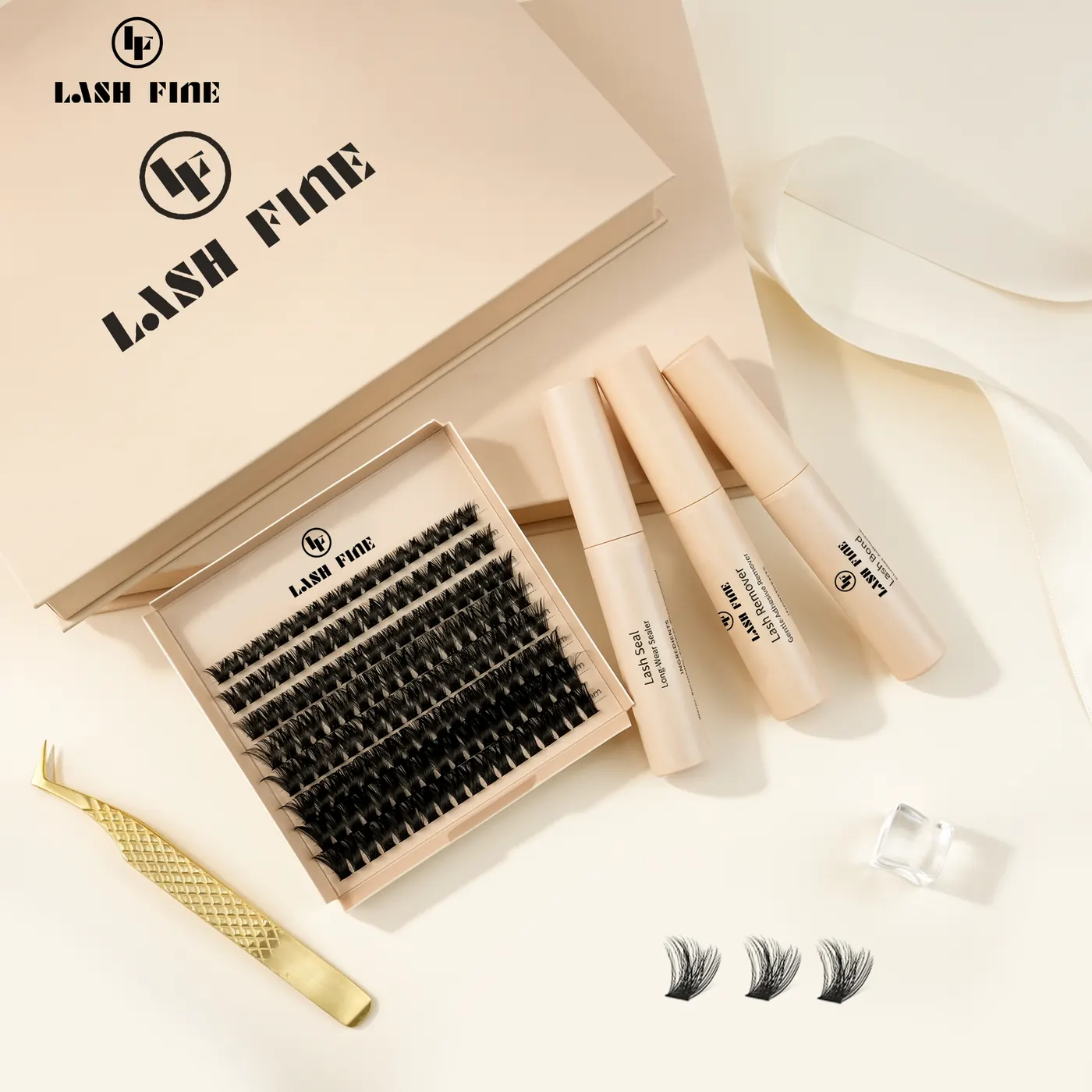 At-home lash extension kit with cluster tray, bond, seal and remover pens and tweezers