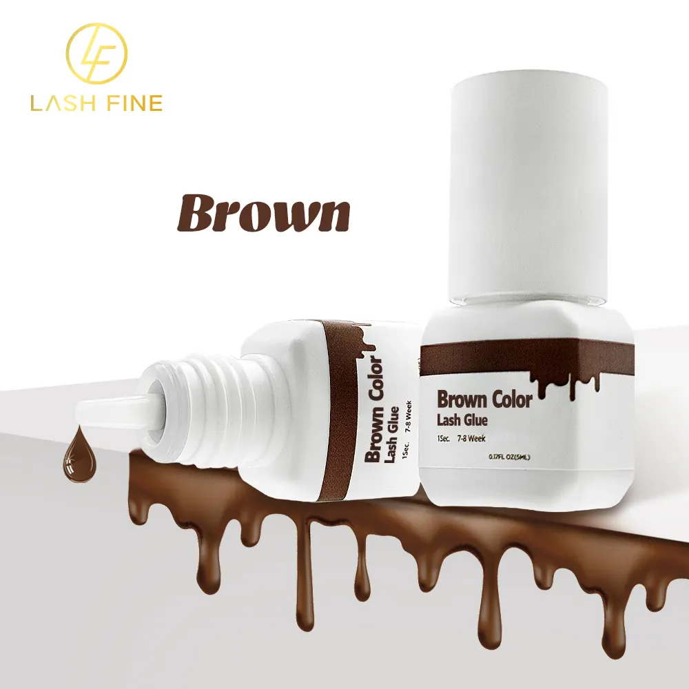 Brown colour lash glue bottles with a nozzle drip, labelled 1 sec cure