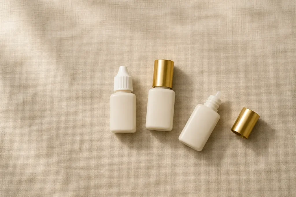 Unbranded lash adhesive bottles with a spare gold cap on oatmeal linen