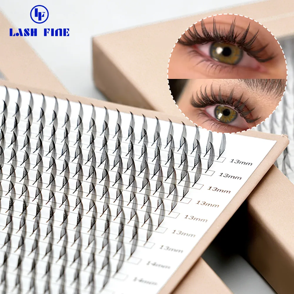 Tower-tip pre-made lash fans in a nude pull-out tray with length labels