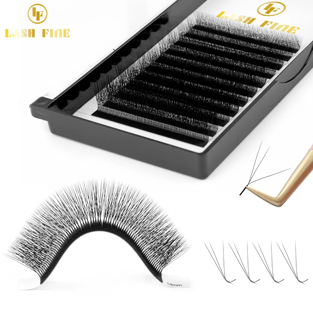 V-shaped clover braided lash extension tray with a fanned lash held in tweezers