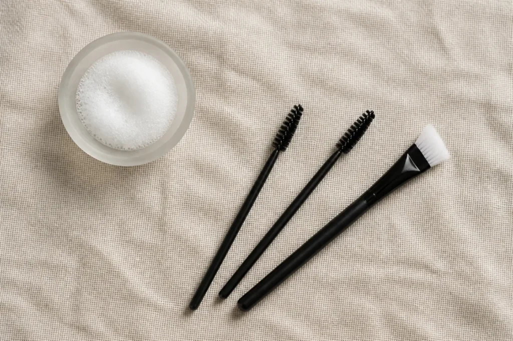 Unbranded lash brushes with a dish of foam on oatmeal linen