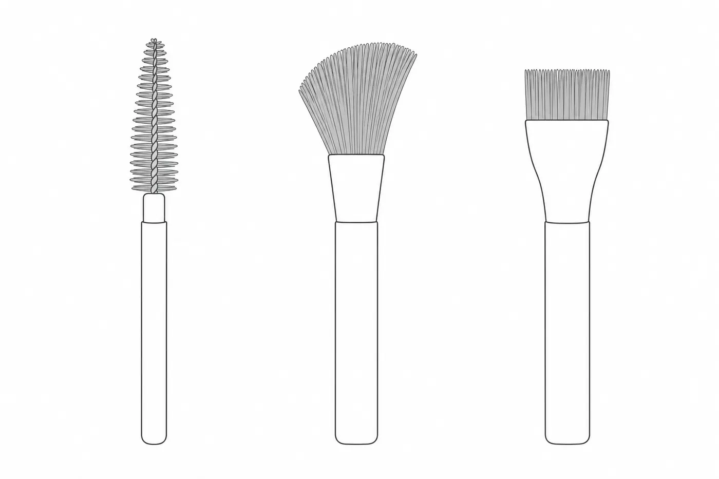 Diagram comparing three lash brush head shapes: spoolie, angled cleaning brush and flat applicator