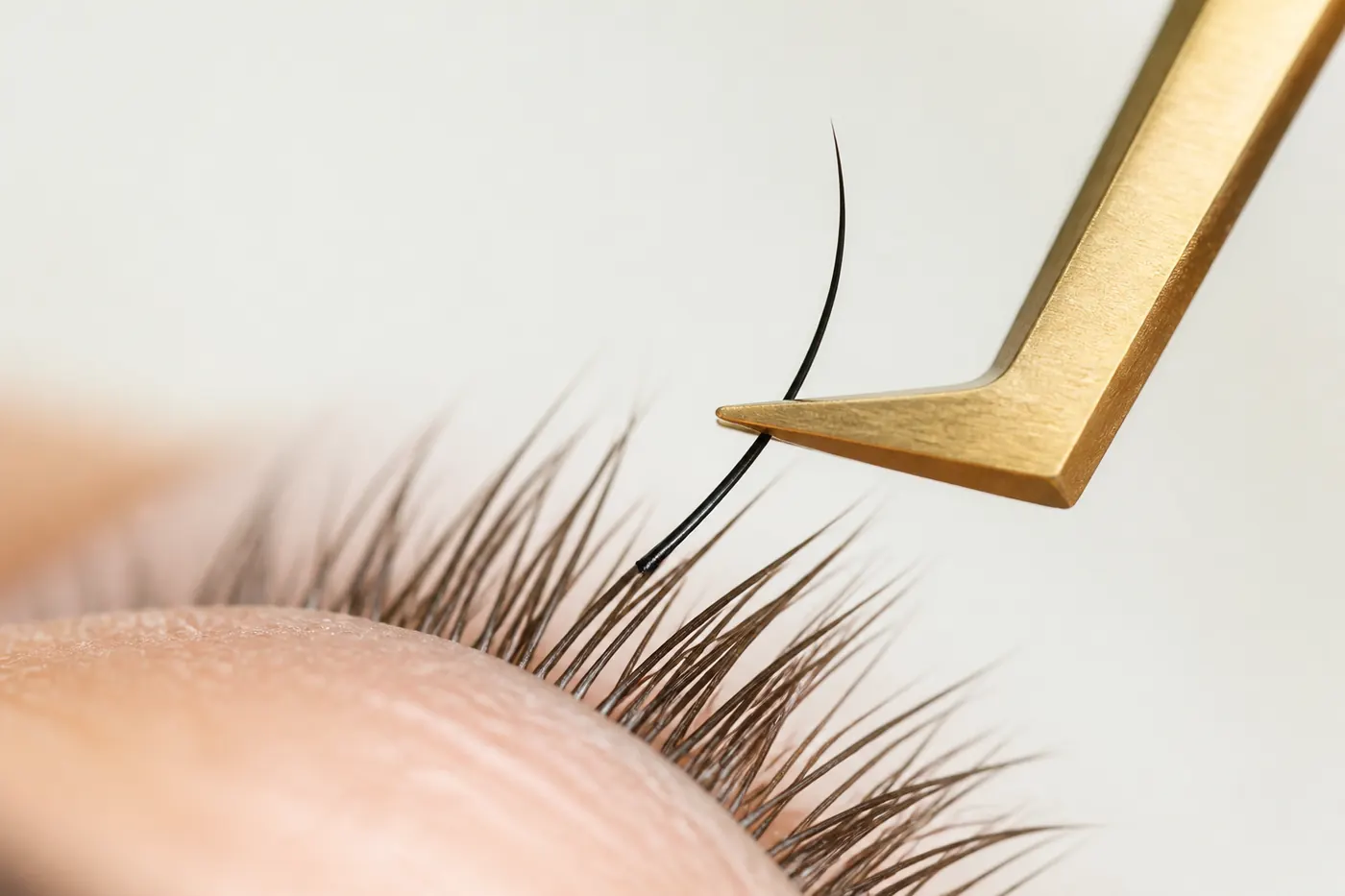 Macro photograph of tweezers placing one classic lash extension on a single isolated natural lash