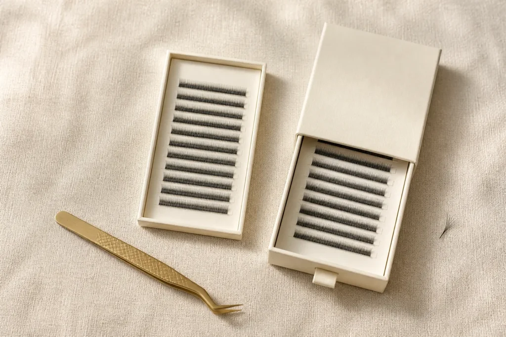 Unbranded classic lash trays with tweezers and a single lash fibre on oatmeal linen
