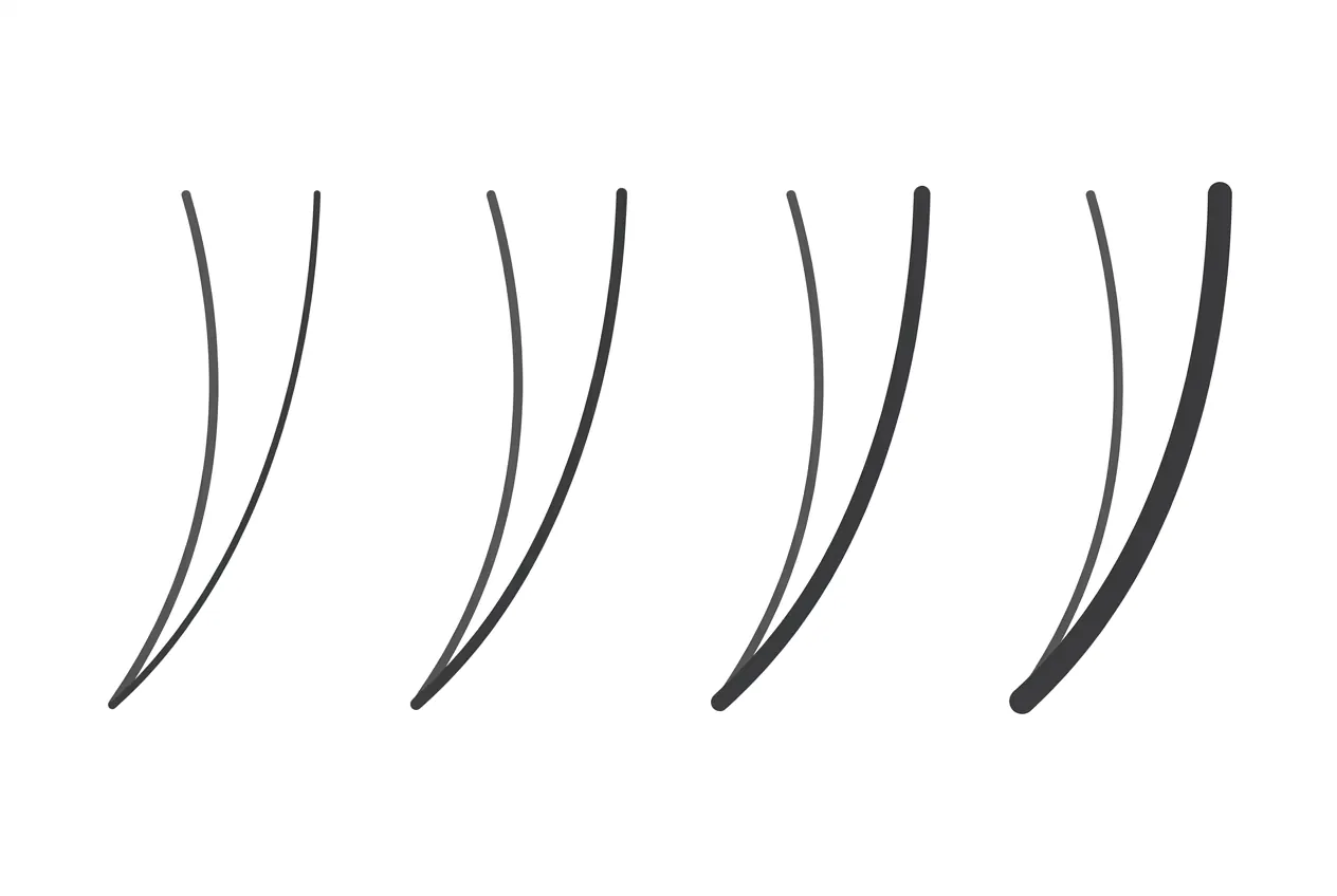 Diagram comparing four lash diameters: the extension fibre thickens while the natural lash stays the same