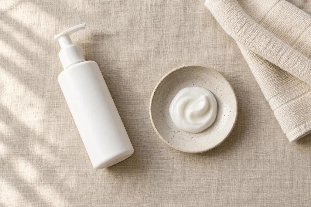 Unbranded white pump bottle and a shallow dish of cream with a folded cream towel on oatmeal linen
