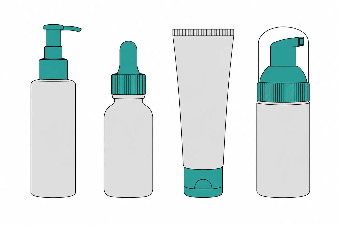 Diagram comparing four lash conditioner packaging formats: pump bottle, dropper bottle, squeeze tube and foam pump bottle