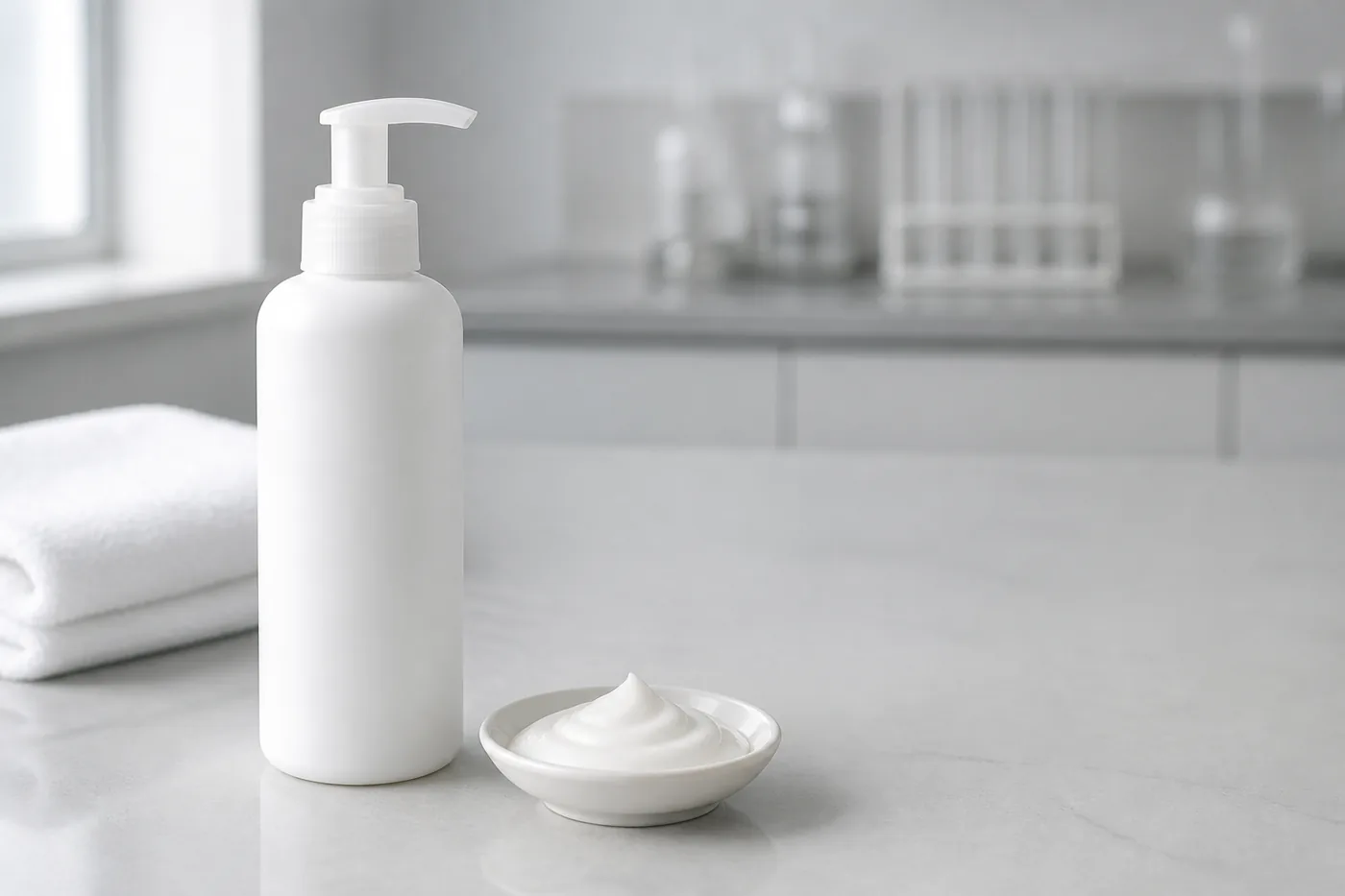 Unlabelled white pump bottle and a dish of thick cream beside a folded towel during an inbound batch check