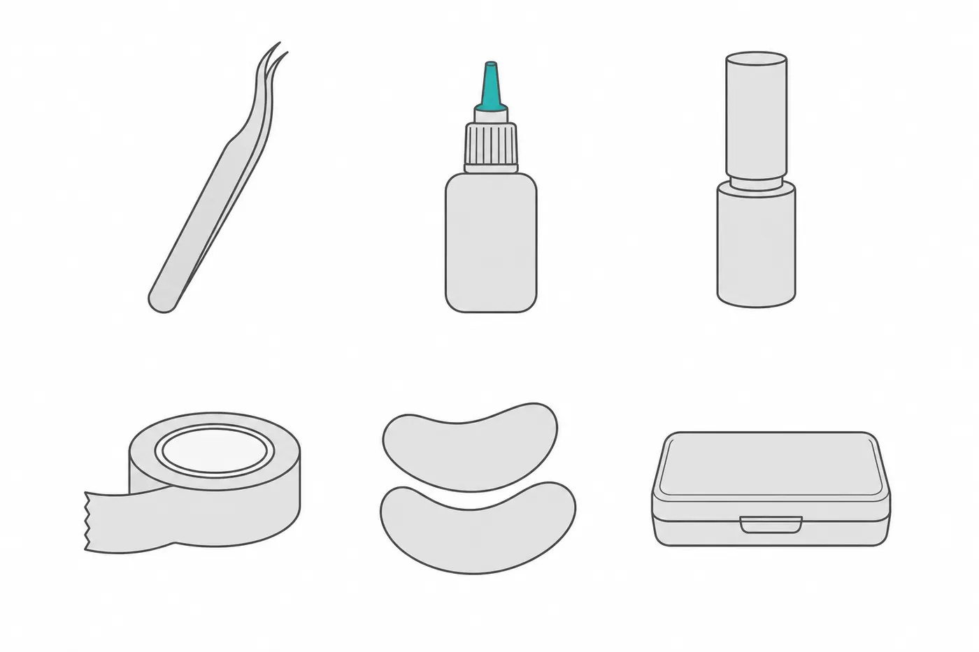 Diagram of six lash starter kit components: tweezers, adhesive, primer, tape, under-eye pads and a storage case