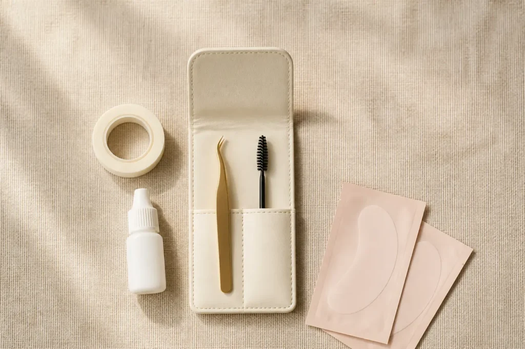 Unbranded lash kit in an open tool case with tweezers, brush, adhesive bottle, tape and pad pouches on oatmeal linen
