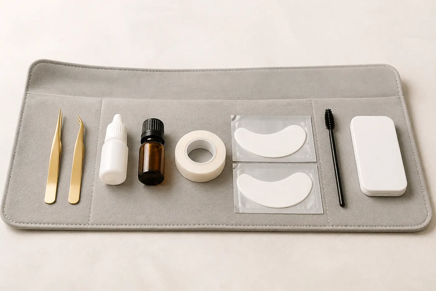 Professional lash kit laid out on a mat: tweezers, adhesive, primer, tape, pads, brush and storage case