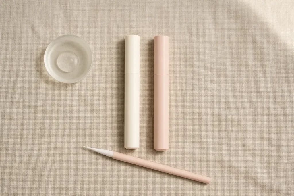 Unbranded slim primer and adhesive bottles with a micro brush on oatmeal linen