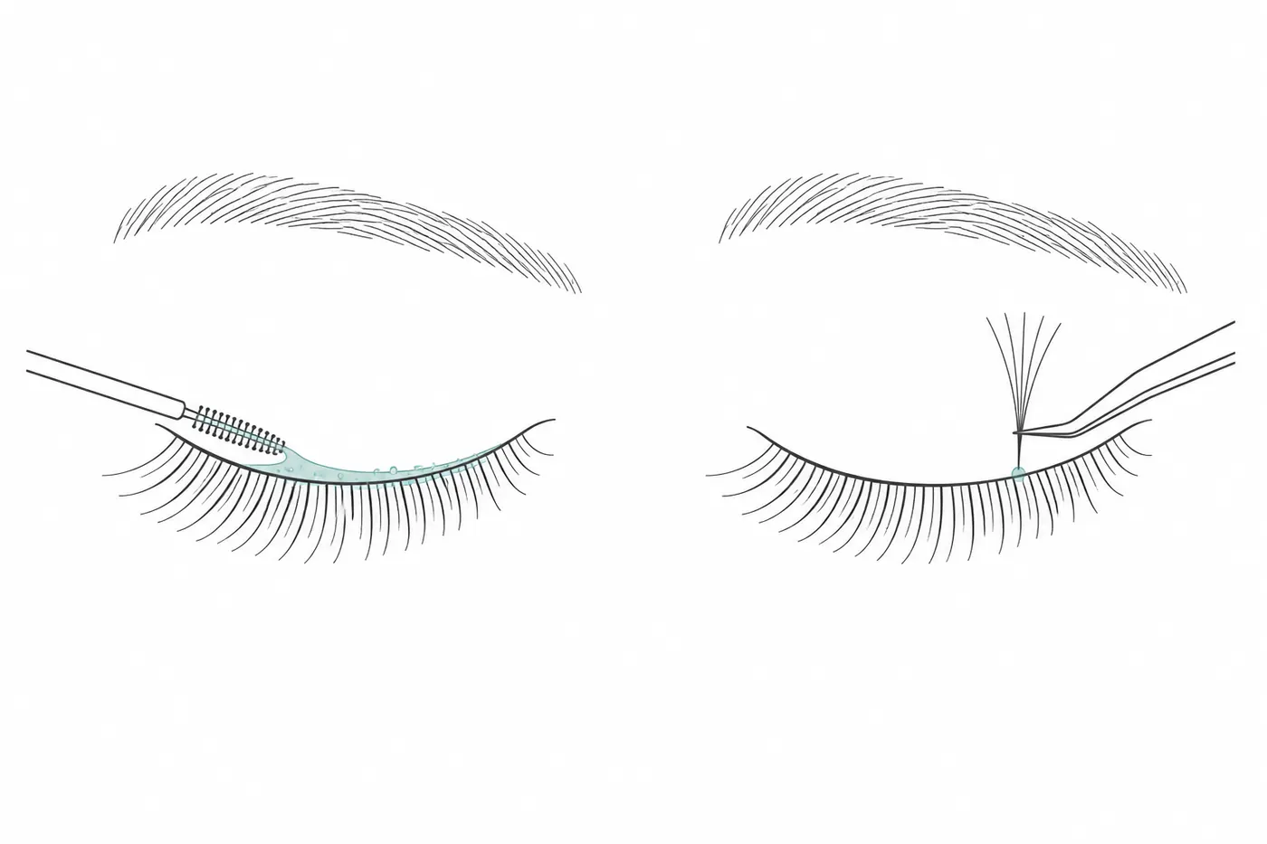Two-step diagram: primer swept along the lash line, then a lash fan placed on the dry base