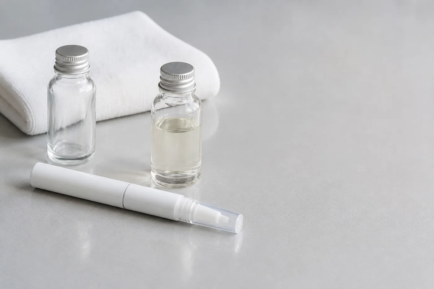 Unbranded serum pen and two plain sample bottles beside a folded towel during an inbound batch check