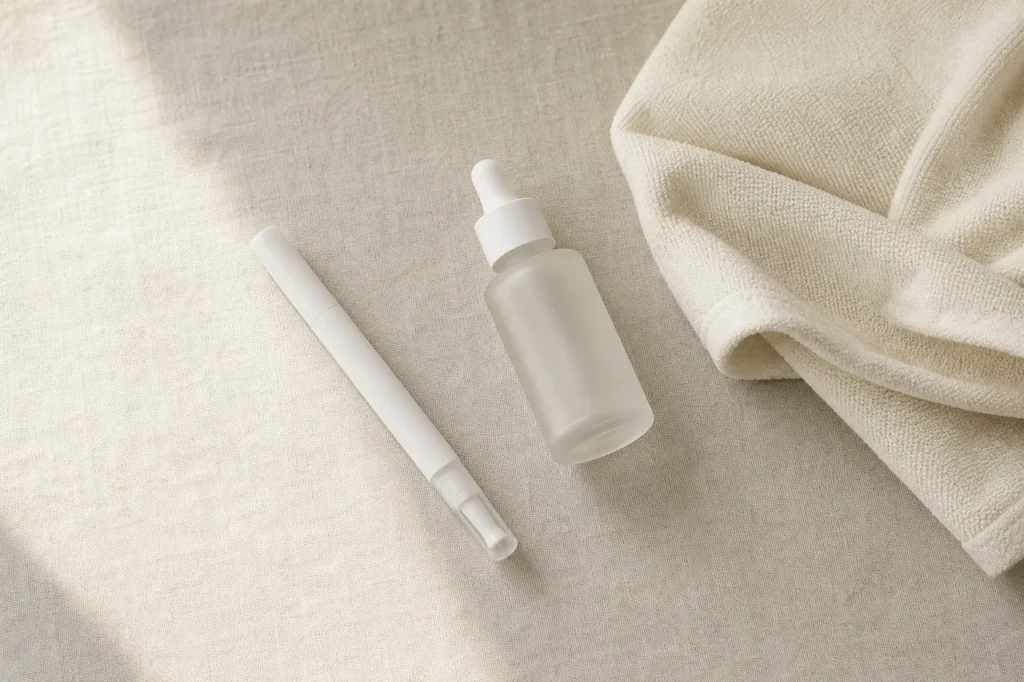 Unbranded slim serum pen and frosted dropper bottle with a folded cream towel on oatmeal linen