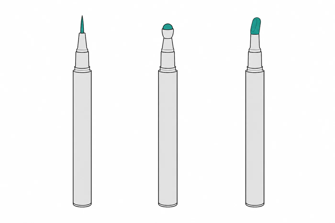 Diagram comparing three lash serum applicator formats: fine brush tip, rollerball and doe-foot applicator