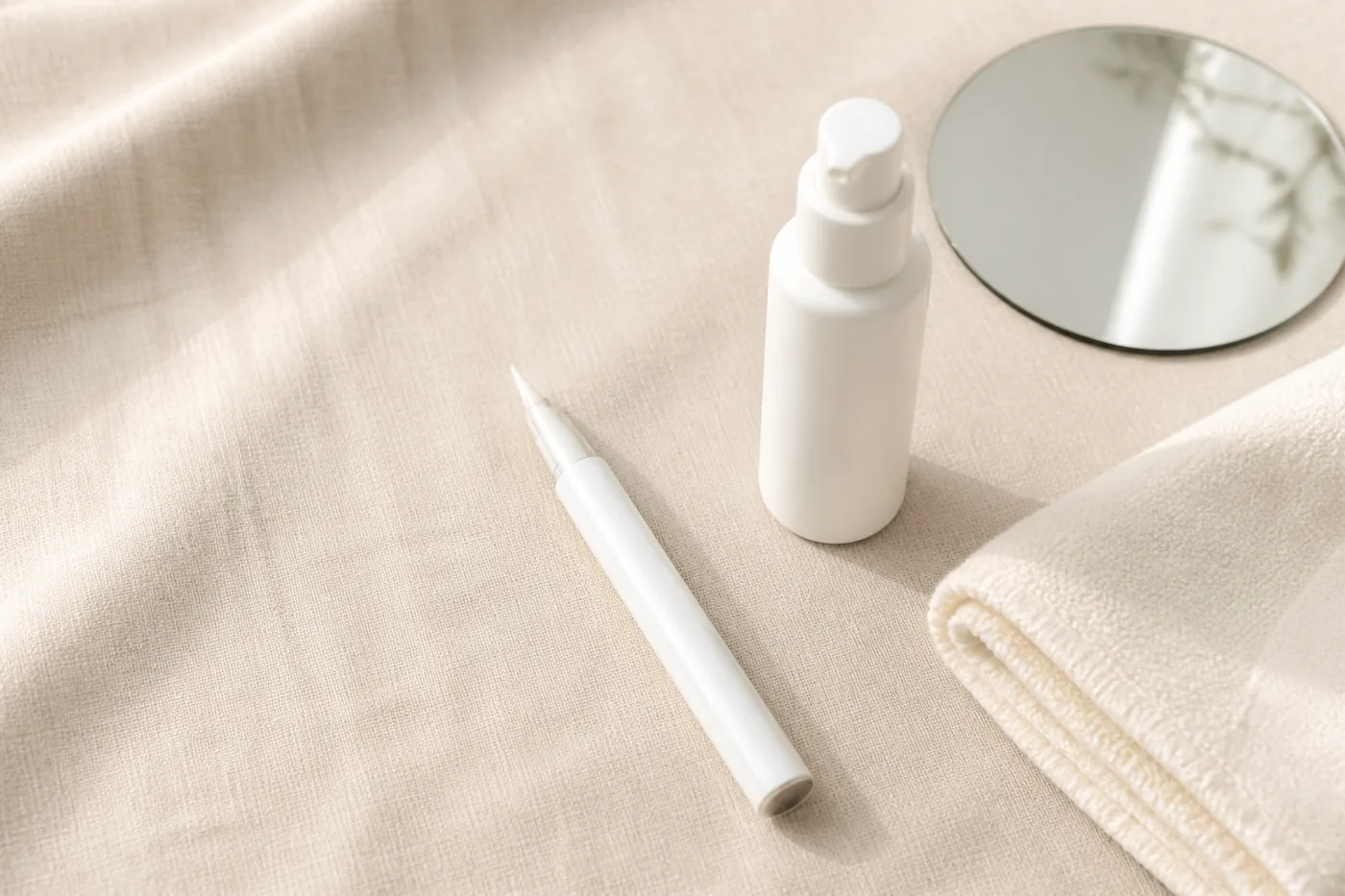 Nightly lash care flat lay with an unbranded serum pen, a white pump bottle, a small mirror and a folded towel on linen