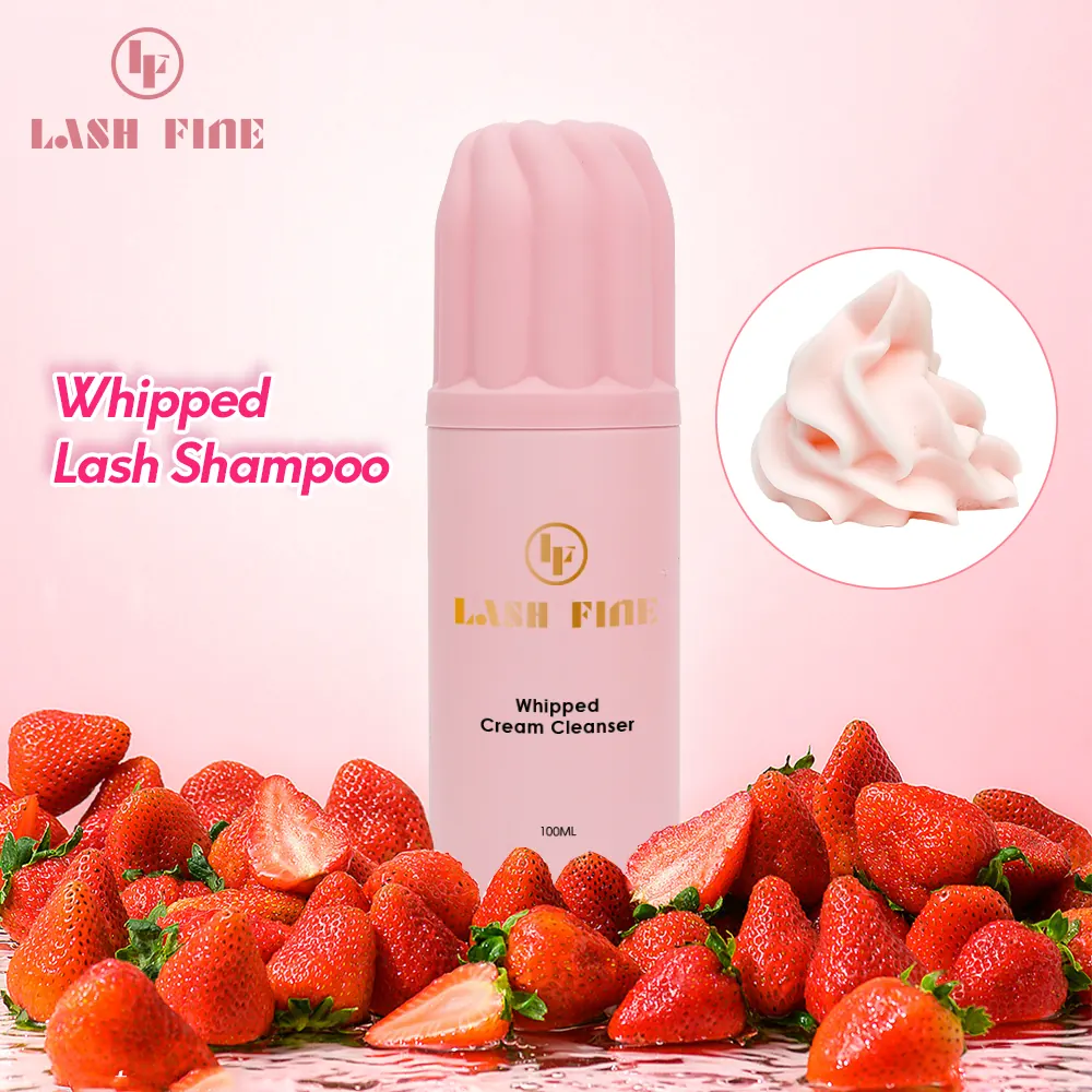 Lash Fine whipped lash shampoo bottles in blush pink with a cream foam dispenser