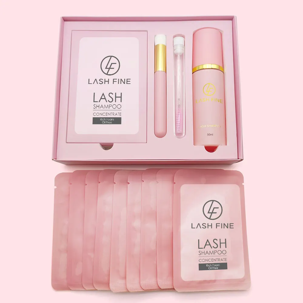 Lash shampoo concentrate kit with sachets, roller bottle and a fifty millilitre bottle
