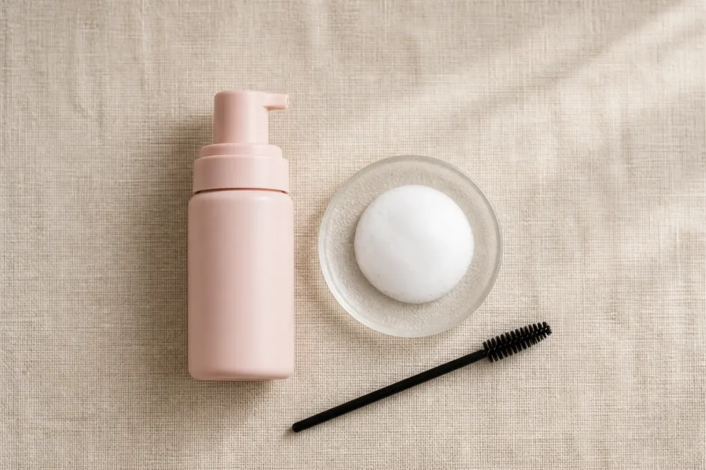 Unbranded blush lash shampoo bottle with foam and a spoolie on oatmeal linen