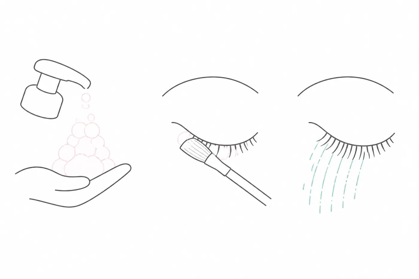 Three-step lash cleansing routine diagram: dispense foam, brush along the lash line, rinse