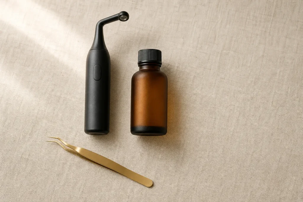 Unbranded handheld curing lamp, amber adhesive bottle and gold lash tweezers on oatmeal linen